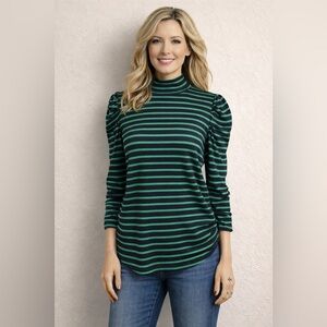 Coolmee Green & Black Striped Mock Neck Puff Sleeve Top | Size L
